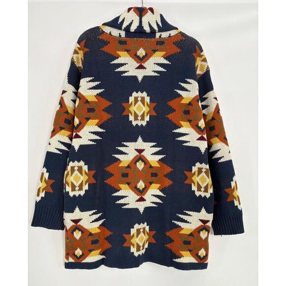 Lucky Brand Aztec Tribal Cardigan Sweater Coatigan Large Shawl Collar Southwest - Picture 2 of 11